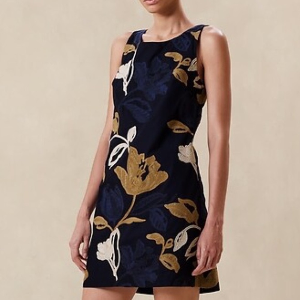 NWT Banana Republic Navy and Tan Floral Mini Dress Embroidered Poplin Mini